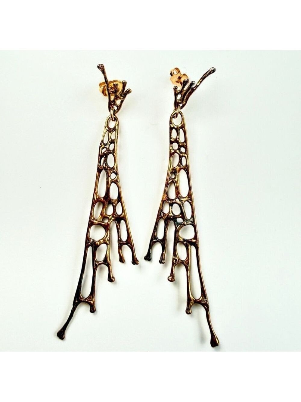 Estate 14K Solid Gold Brutalist Abstract Sculptural Web Drip 2.6" MCM Earrings